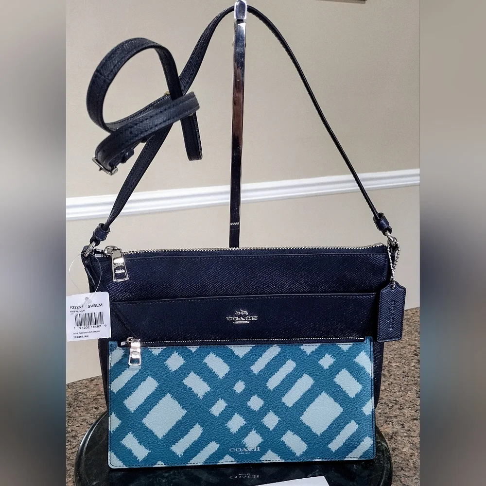 NWT  Coach East/ West Cross body with pop_ Up Pouch Wild plaid print